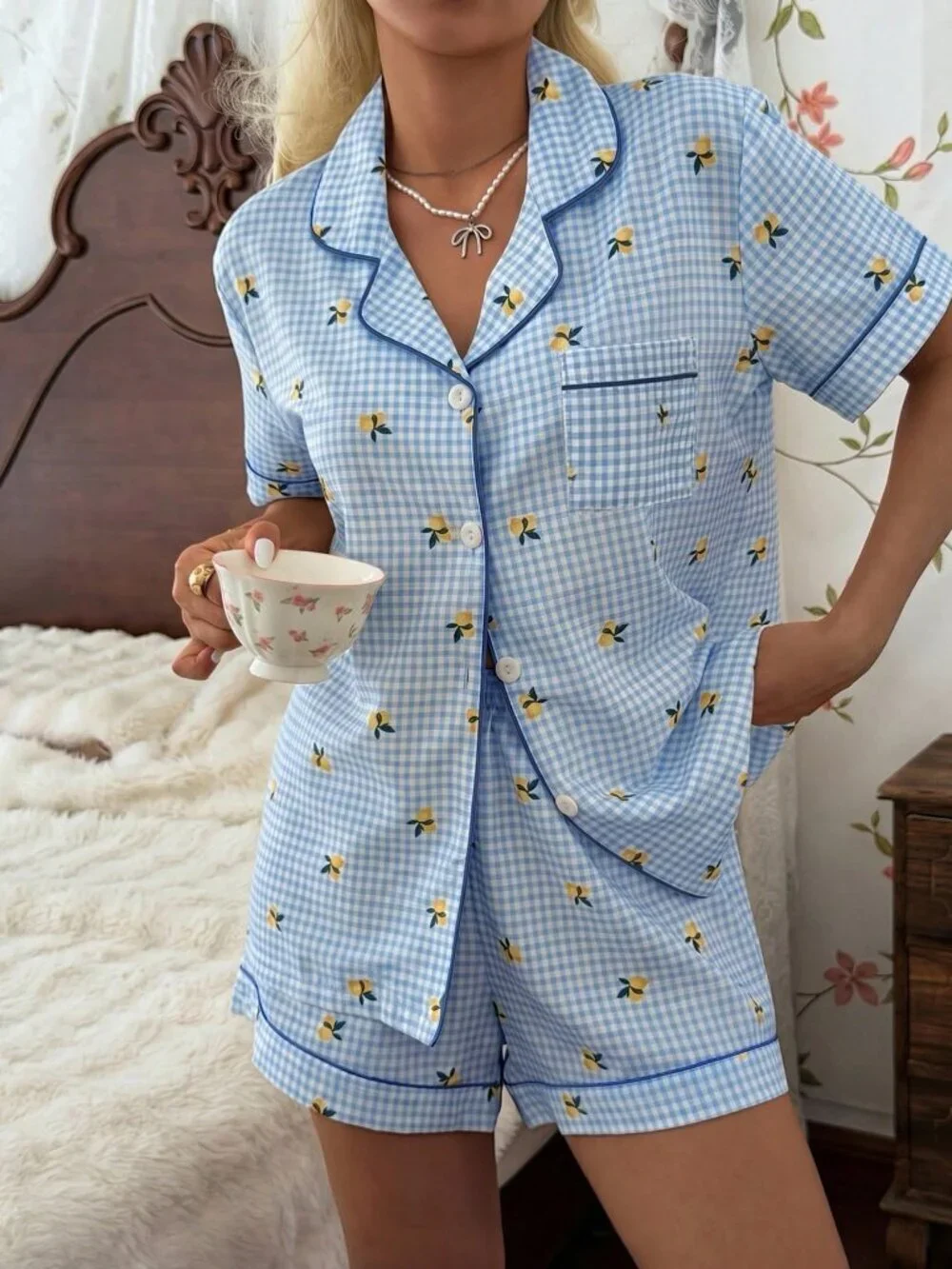 Blue Women's Lemon Plaid Print Button-Up Top and Shorts Pajama Set